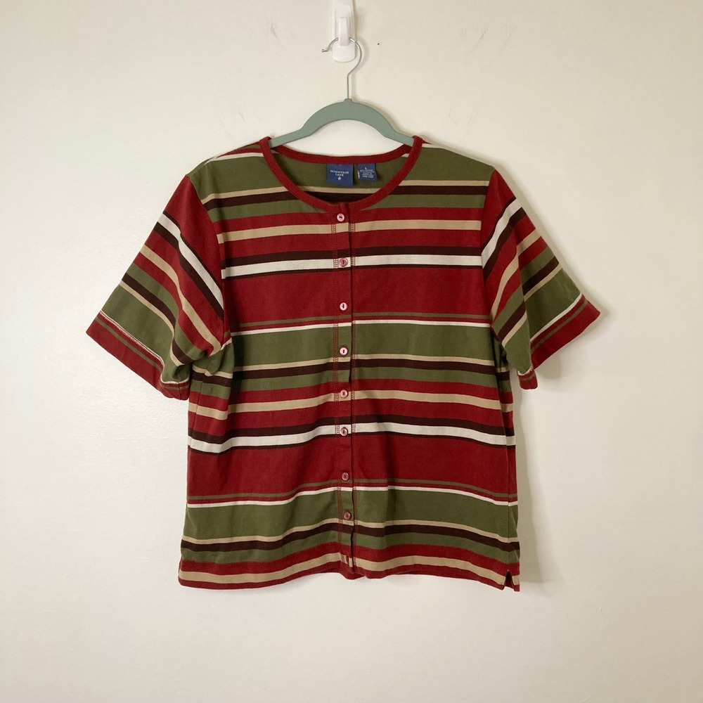 Vtg Mountain Lake Striped Button Front Short Sleeve Red Green Cotton L Earthy